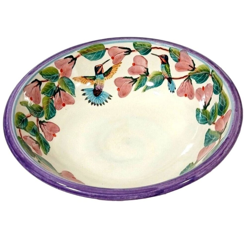 Hummingbird Fuchsia Floral Pottery Bowl  Majolica Talavera Redware Clay